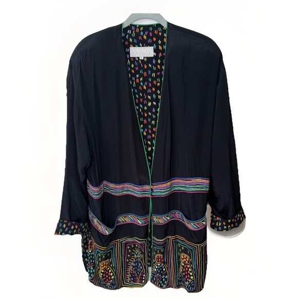 Vtg PLATINUM DOROTHY SCHOELEN Jacket Medium Black Folk Art Boho Oversized USA - Picture 2 of 13